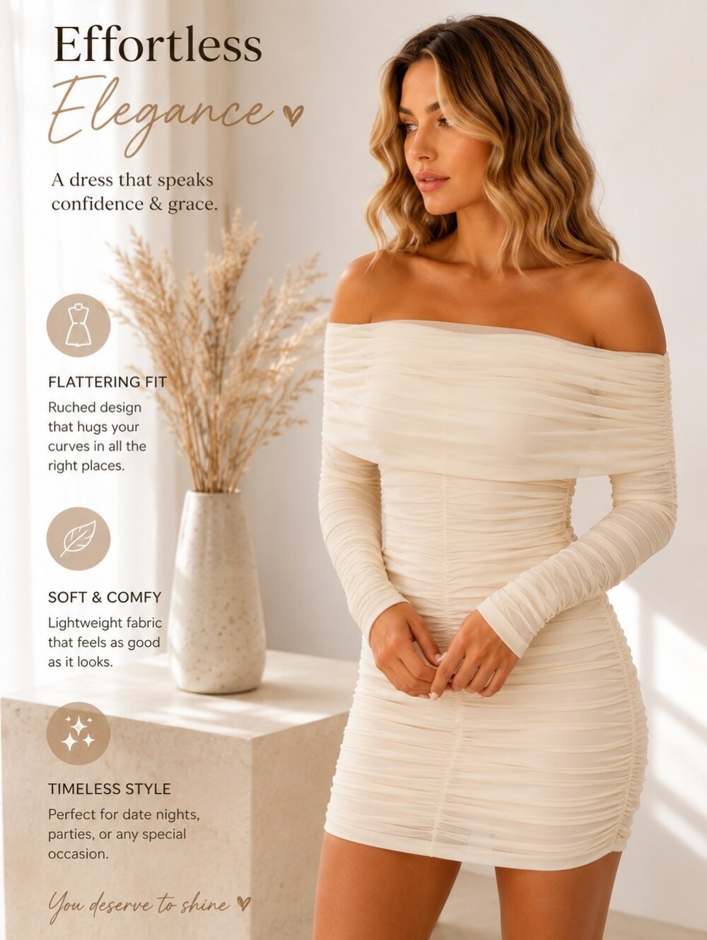 Off-Shoulder Ruched Mini Dress in Cream